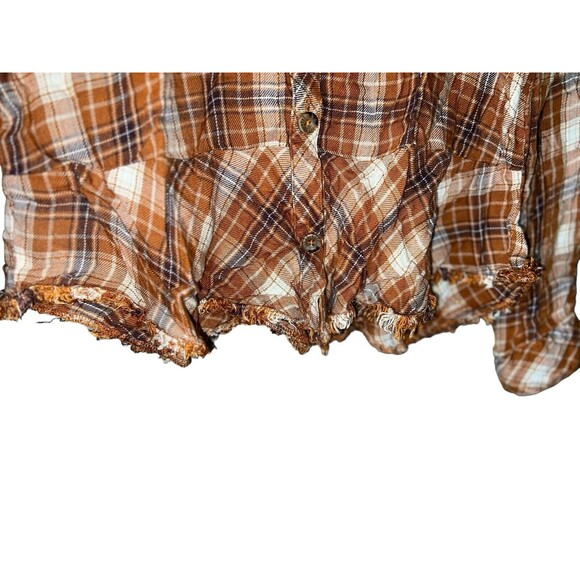 Democracy Top Womens Small Orange Tan Plaid Flannel Raw‎ Hem Button Up Boho - Picture 4 of 7